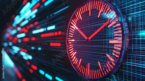 A glowing digital clock face with red and blue lights, surrounded by streaks of light suggesting speed and technology.