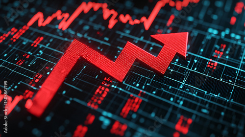 A red upward arrow on a digital financial chart symbolizes stock market growth and positive economic trends.