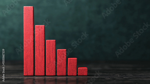 A red bar graph with descending columns is displayed on a dark wooden surface against a green background, representing a downward trend or decline.