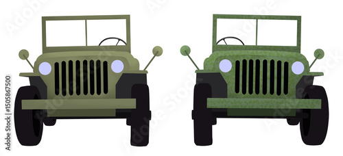 Two classic off-road vehicles of the 40s army isolated. Drawing, illustration.