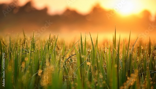 dew on rice leaves at sunrise with warm colors in a tranquil scene