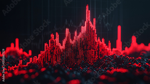 A glowing red 3D data graph with digital spikes represents financial or technology analytics on a dark background.
