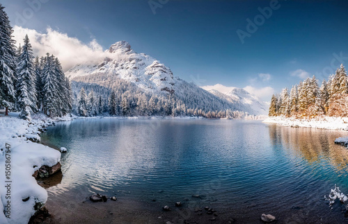Majestic winter landscape with snow-covered pine trees and mountain peaks under a clear blue sky. A serene and untouched alpine scene, capturing the pure beauty of nature in its coldest season