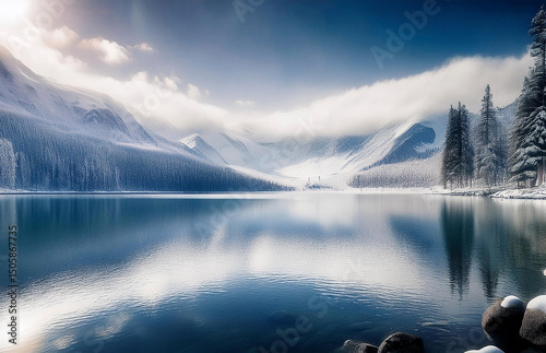 Majestic winter landscape with snow-covered pine trees and mountain peaks under a clear blue sky. A serene and untouched alpine scene, capturing the pure beauty of nature in its coldest season
