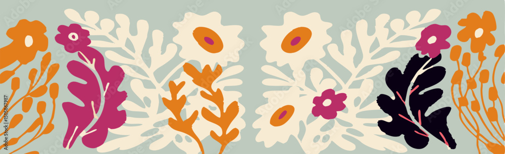 Naklejka premium Floral Pattern Design: Orange, Pink, and Black Flowers and Leaves