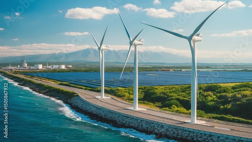 Aerial View of a Modern Wind Farm Along a Coastal Landscape Generating Renewable Energy from Offshore Wind Turbines