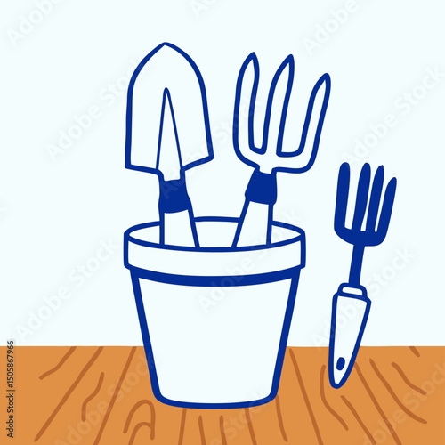 Gardening Tools in Pot on Wooden Table