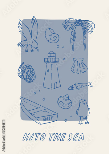 Vintage nautical poster with hand-drawn sea elements – lighthouse, fish, seagulls birds, boat, rope in blue on striped background. Vector a4 card. Perfect for coastal interior decor, party invitation.