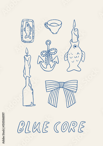 Vintage nautical poster with hand-drawn blue elements – fish, anchor, candles, decor, striped bow in blue on white background. Coquette blue core. Vector a4 card. Perfect for coastal interior decor.