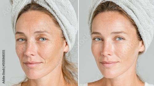 Woman showing before and after anti-aging skin treatment