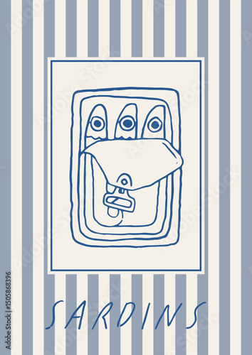 Vintage nautical poster wall art. Art print with hand drawn open sardines can, blue line art on striped background. Vector a4 canned sardines card. Perfect for coastal kitchen interior, cafe decor.