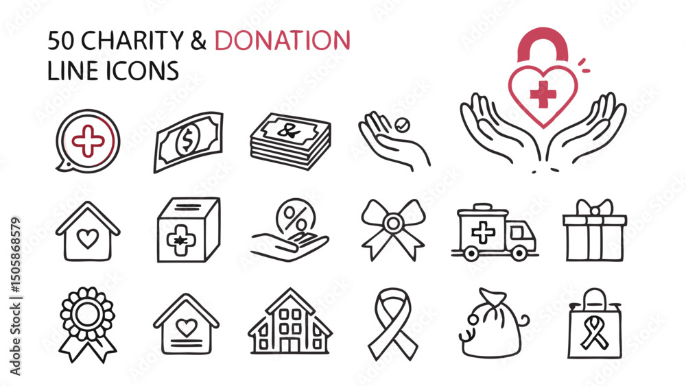 Fototapeta premium Minimal Charity & Donation Line Icons – Helping Hands, Donations & Community Support Symbols