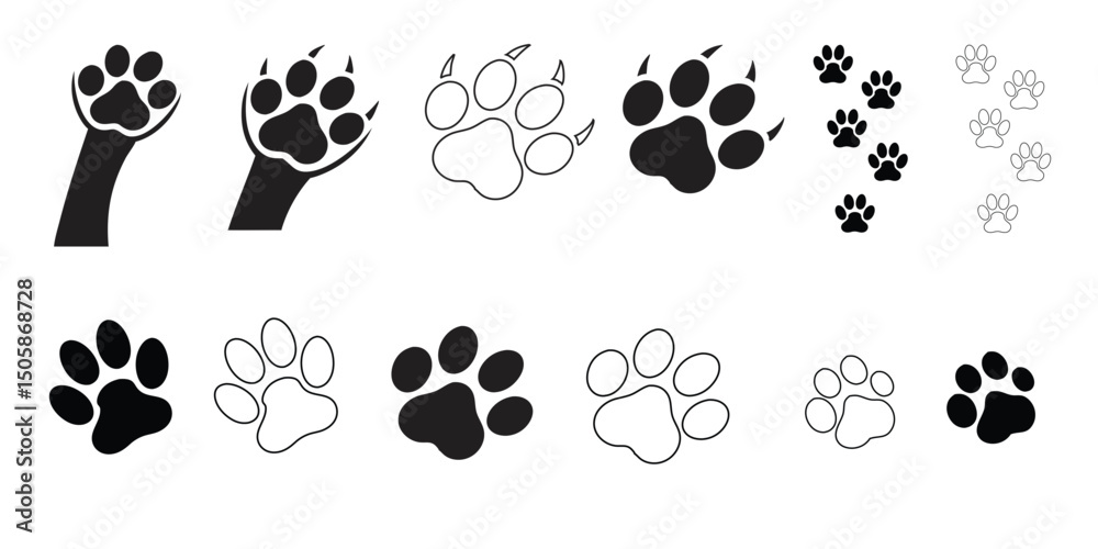 Fototapeta premium cat paws silhouette icon set on a white background