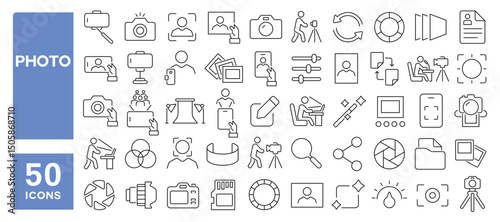 Set of 50 line icons related to photo, selfie, picture, camera, gallery, tripod, capture, Editable stroke. Vector illustration