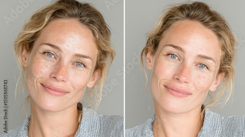 Woman showing before and after retouch, anti-aging treatment concept