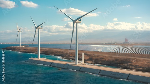 Aerial View of a Modern Wind Farm Along a Coastal Landscape Generating Renewable Energy from Offshore Wind Turbines