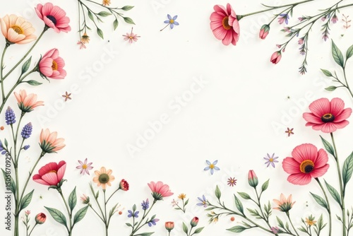Delicate hand-drawn wildflowers, soft pastel shades, repeating motif, surface pattern, romantic