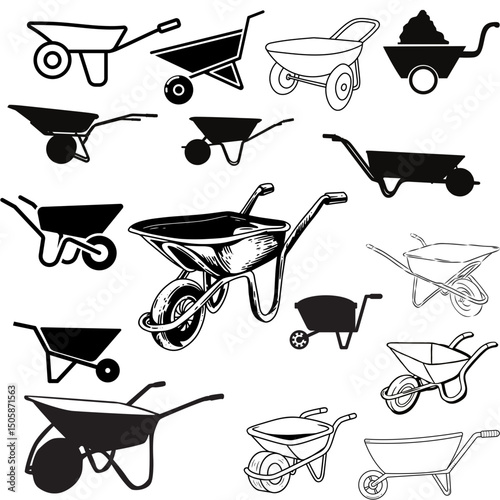 Wheelbarrow vector silhouette illustration design set.

