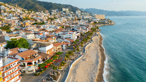 Fotografie Aerial view of the pride parade at the malecon in puerto vallarta, mexico