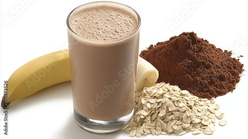 Cacao-Based Smoothie in a Tall Glass with Banana and Oats