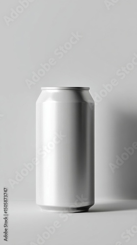 Blank Aluminum Can Displayed on a Light Gray Surface With Soft Shadows
