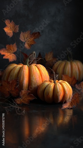 Autumn Pumpkins Surrounded by Leaves in a Dimly Lit Setting