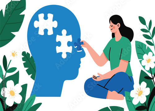 Minimalist flat vector illustration of woman placing puzzle piece in blue head silhouette symbolizing mental health and cognitive therapy