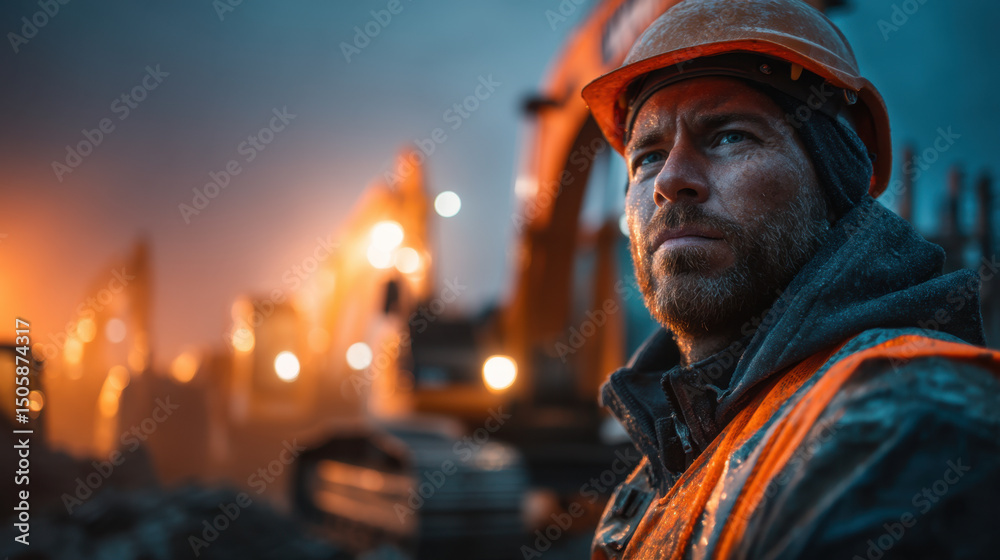 Fototapeta premium Construction worker in safety gear on a work site, illuminated by bright lights. A powerful portrait of dedication and hard work.