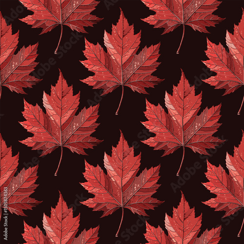 Vibrant Red Autumn Maple Leaves Dark Background Seamless Vector Pattern