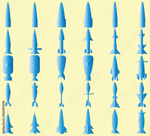 Bullet rocket missile millitary icon, Set icon of gaming millitary weapon logo. Vector nuclear atomic bomb.