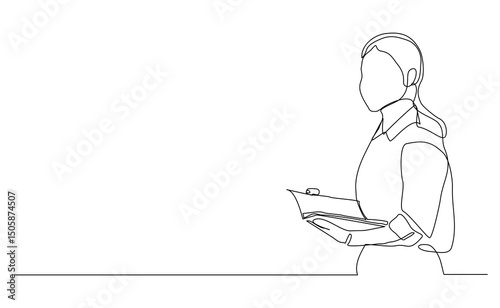 Continuous line drawing of female worker standing while write business note from mentor on paper notes. One single line sketch business woman workshop concept. vector illustration editable stroke