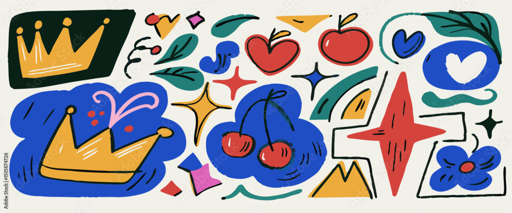 Naklejka premium Hand-drawn Colorful Doodle Collection: Crowns, Hearts, Fruit & More