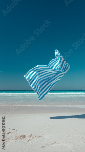 Blue and White Striped Beach Towel Floating Over Sandy Shore by the Sea