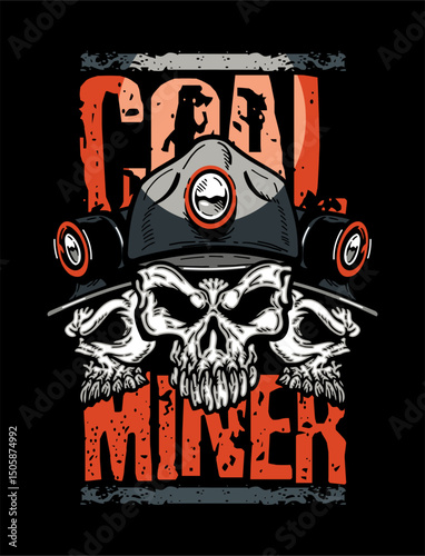 distressed coal miner design with three skulls wearing hard hats for stickers or tees