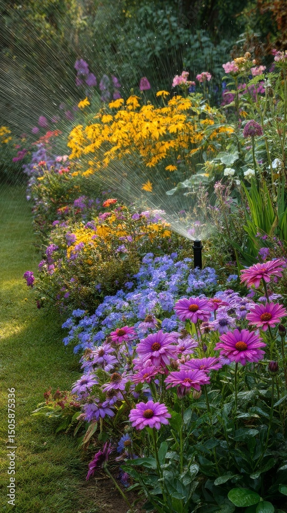 Obraz premium Colorful Garden in Full Bloom With Sprinkler Watering Flowers on a Sunny Day.