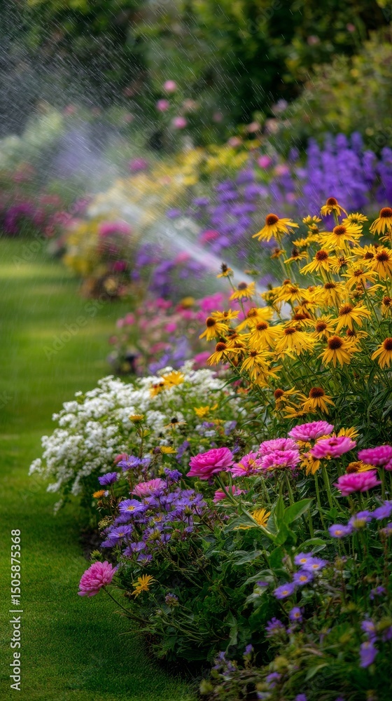 Obraz premium Colorful Garden Filled With Vibrant Flowers and Gentle Sprinklers in a Serene Setting