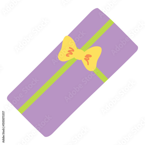 Birthday gift, present in box, wrapping paper with bow hand drawn illustration, isolated vector. Flat style design. Birthday celebration, festival, carnival, party clip art, element