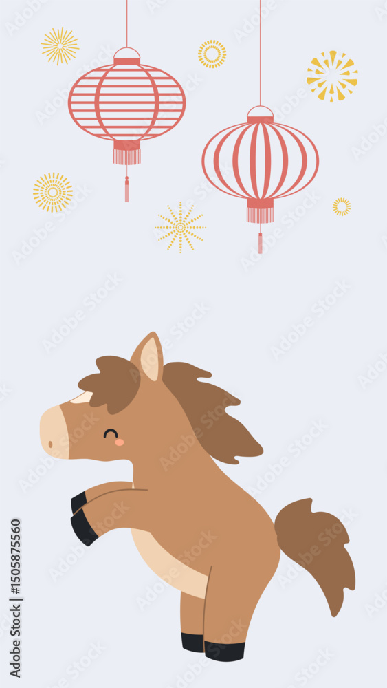 Obraz premium 2026 Chinese Lunar New Year cute horse social media story template, lanterns, fireworks. Flat vector illustration. Zodiac sign, animal character. CNY, Seollal, Tet holiday elements, post layout