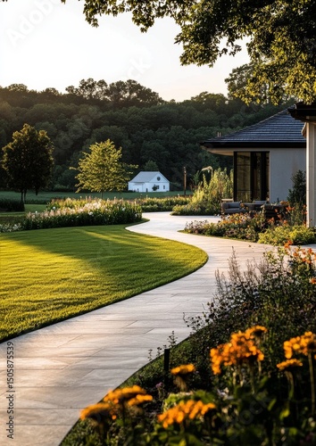 Beautiful Landscaped Garden With a Winding Path in the Evening Light Near a C...