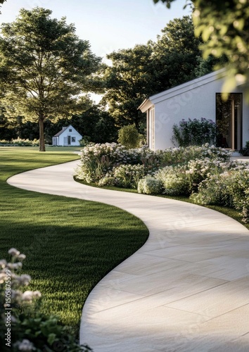 Beautiful Landscaped Garden With a Winding Path in the Evening Light Near a C...