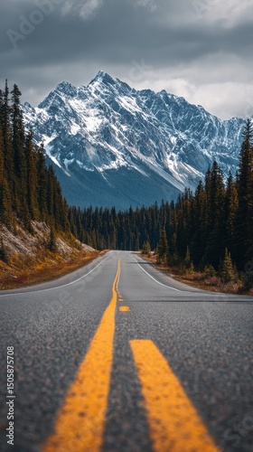 Majestic Mountain Road Under Cloudy Skies With Snow-Capped Peaks Visible in t...