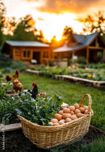 Freshly Harvested Eggs and Vegetables at Sunset in a Tranquil Garden Setting