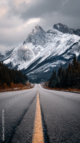 Road Leading to Majestic Mountains Under Clear Blue Sky in Early Morning Light.