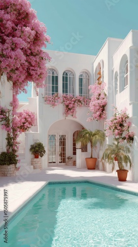 Elegant White Villa With Blooming Bougainvillea by the Pool in a Sunny Location.