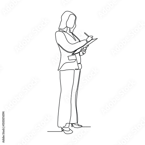 Continuous line drawing of female worker standing while write business note from mentor on paper notes. One single line sketch business woman workshop concept. vector illustration editable stroke