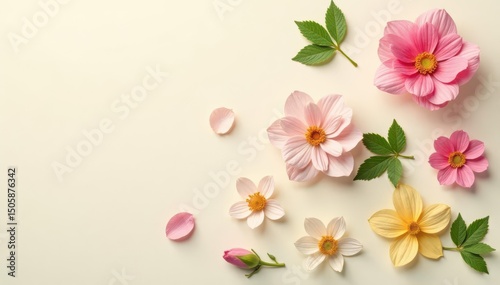 Wallpaper Mural Scattered single blooms, light green leaves on cream, summer, floral pattern Torontodigital.ca