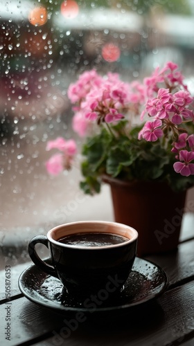 Warm Coffee Cup Beside Blooming Flowers on a Rainy Day Near a Window