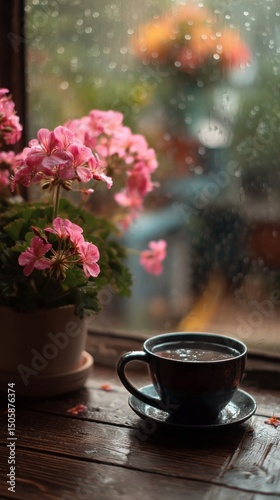 Warm Coffee Cup Beside Blooming Flowers on a Rainy Day Near a Window.