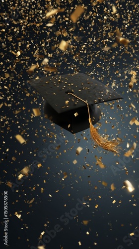 Graduation Cap With Gold Confetti Floating in Dark Background Celebrates Achi...