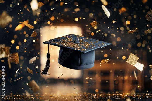 Graduation Cap Celebrating Achievement With Golden Confetti in a Festive Atmo...